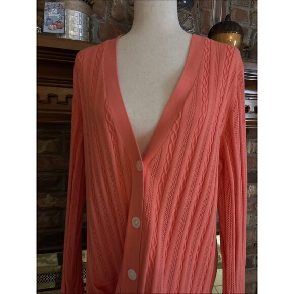 Lands' End Womens Orange Coral Ribbed Trim Cotton Button Cardigan XL 18 - Picture 2 of 6